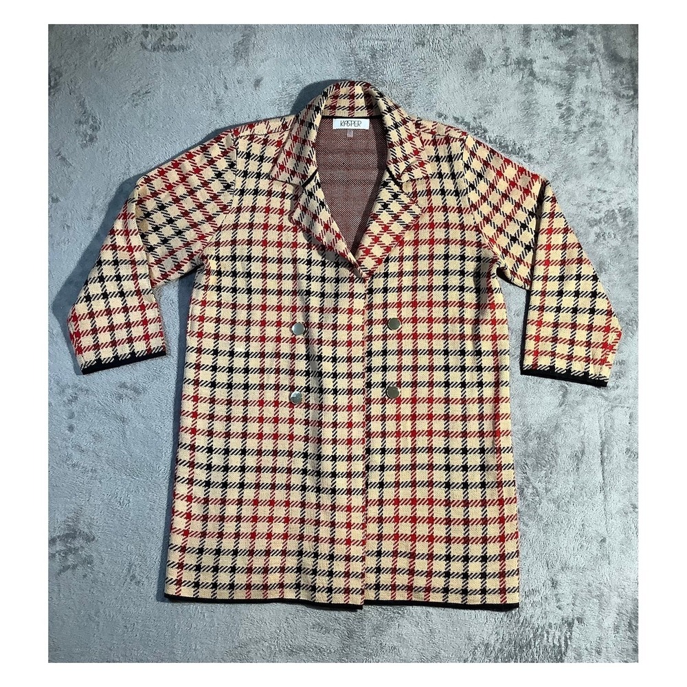 Kasper Women's 1X Plaid Knit Jacket Double Breasted Red Black Tan Mid-Length